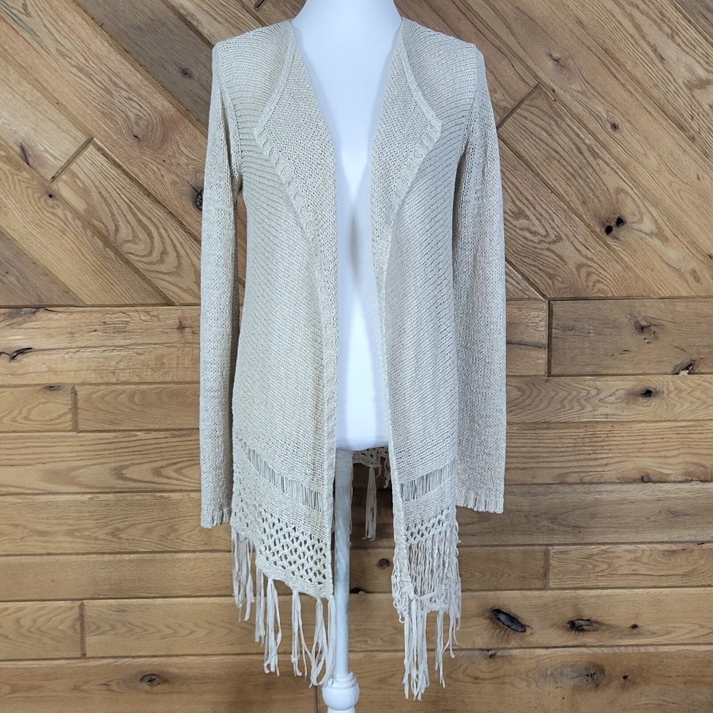 One Love Womens Top Long Sleeve Fringe Knit Open Cardigan Sweater Beige Size M